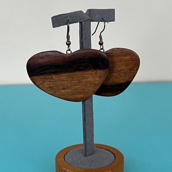 Jewelry - Boho Mahogany Wood Handmade Heart Earrings